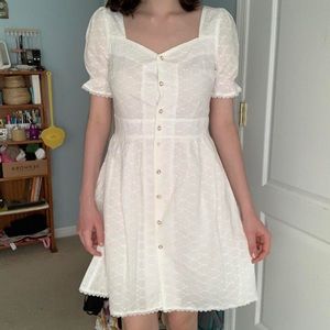 white floral square neckline puff sleeve lace button down dress by simple retro